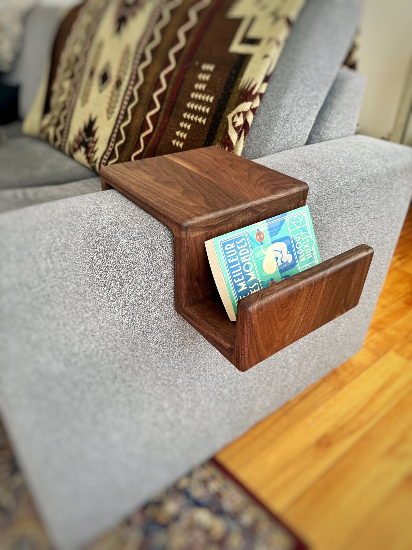 Black Walnut - Couch Arm Rest Table with Magazine Stand