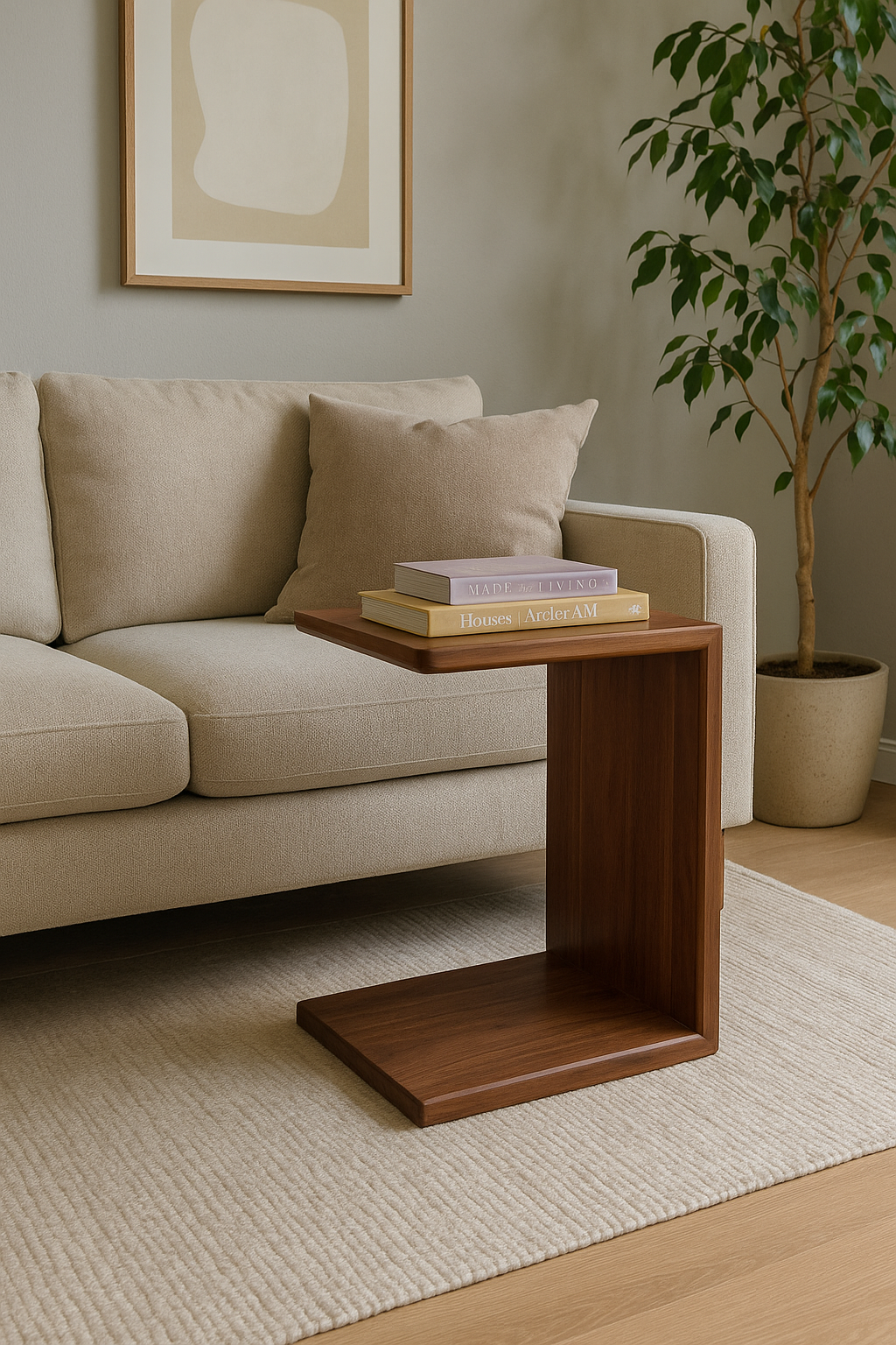 Black walnut C-Shaped Side Handmade Table – Solid wood Sofa Table, Minimalist End Table for Living Room or Bedside, Narrow table