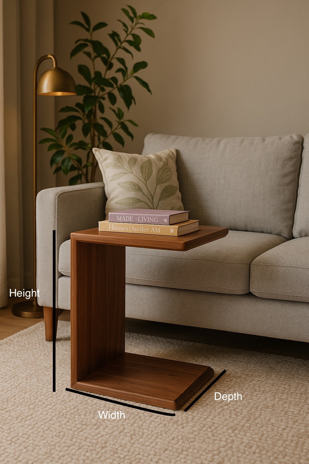 Black walnut C-Shaped Side Handmade Table – Solid wood Sofa Table, Minimalist End Table for Living Room or Bedside, Narrow table