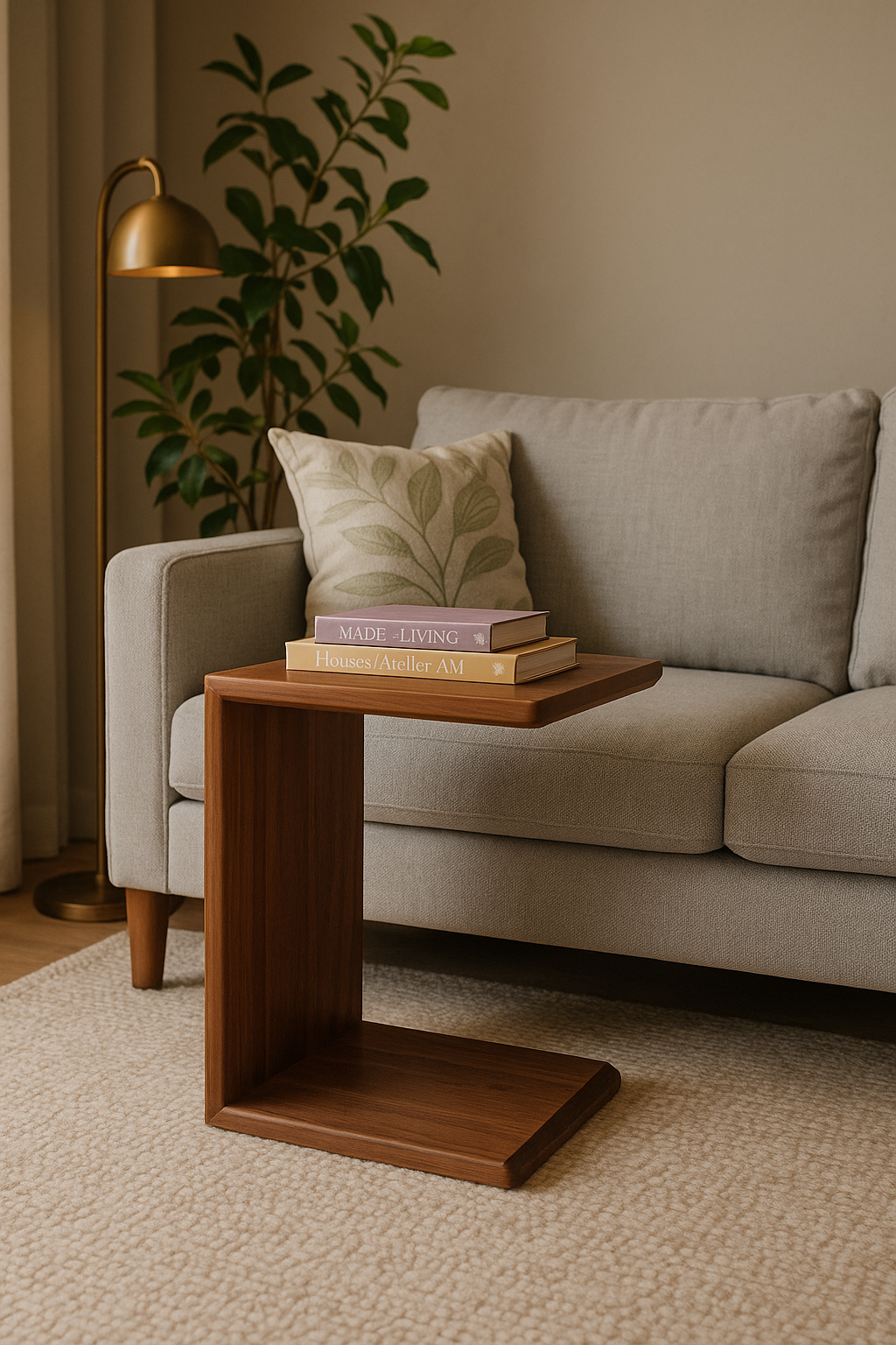 Black walnut C-Shaped Side Handmade Table – Solid wood Sofa Table, Minimalist End Table for Living Room or Bedside, Narrow table
