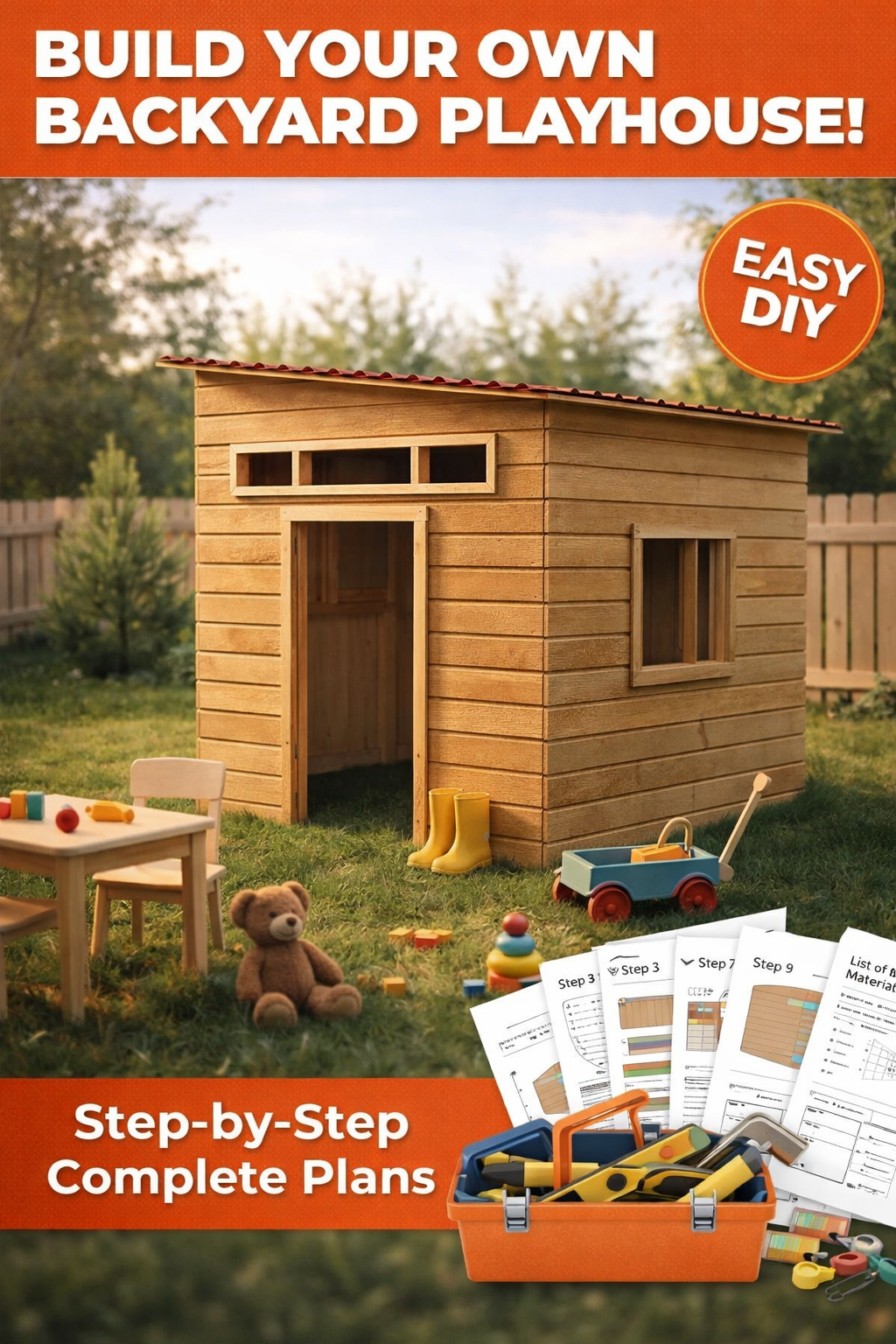 Kids Wooden Playhouse Plans PDF 6x6 | DIY Backyard Playhouse Step-by-Step | Woodworking Project