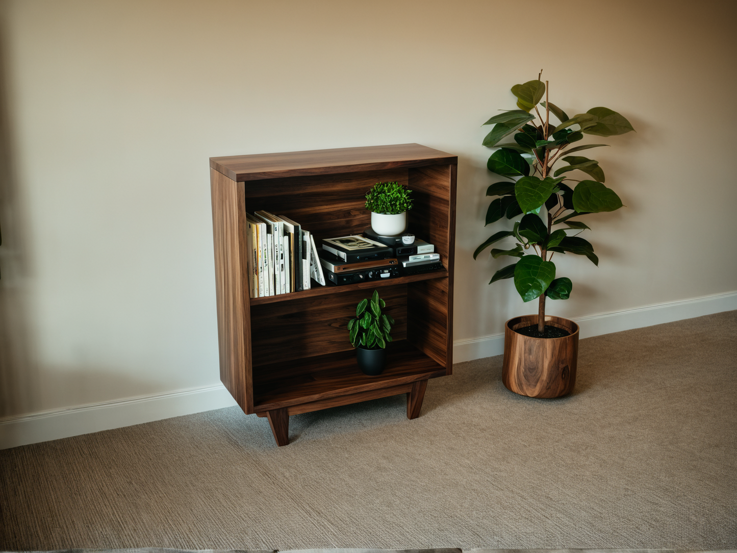 The Elmwood – Minimalist Black Walnut Console - Bookshelf