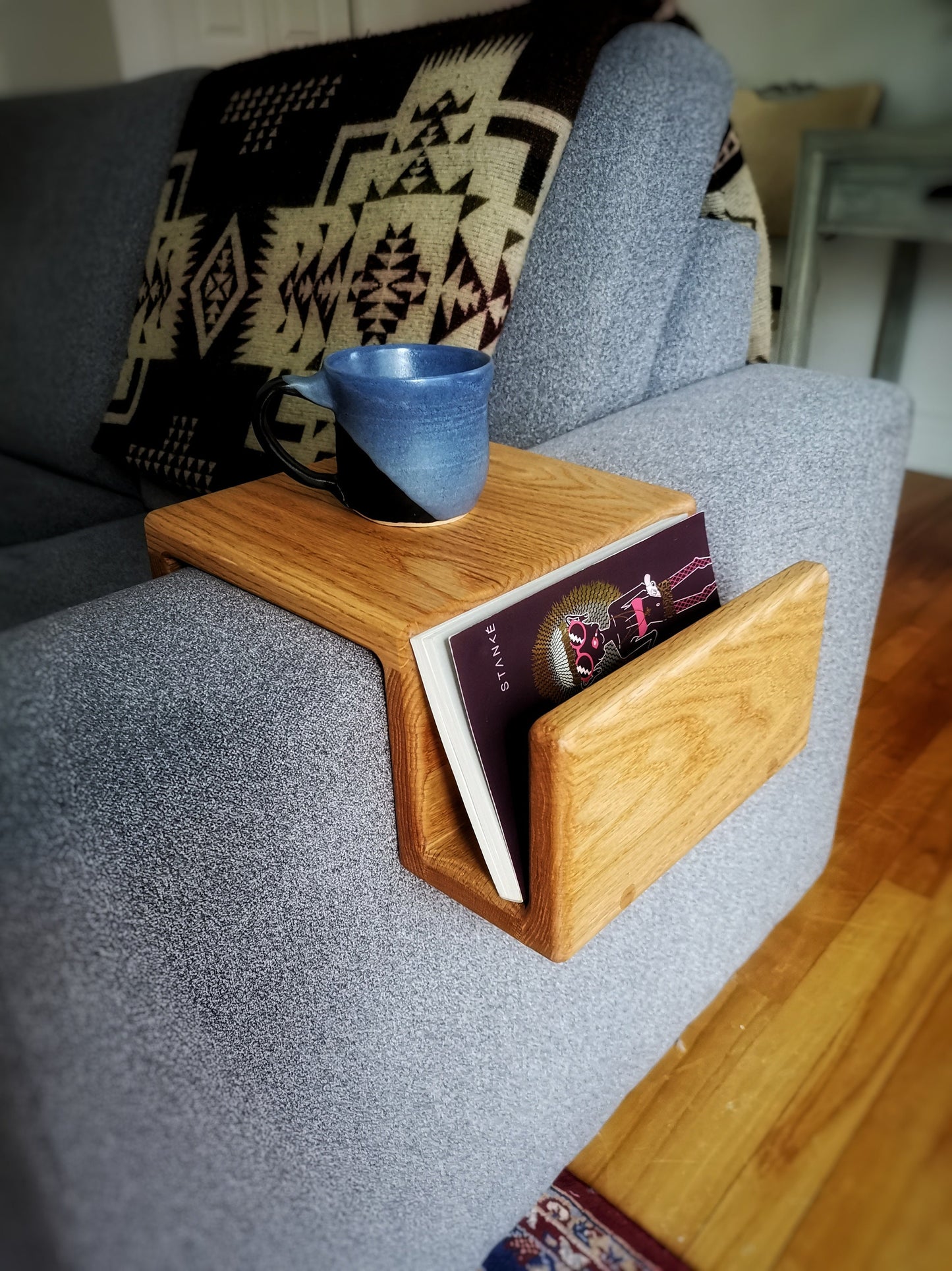Couch Arm Rest Table with Magazine Stand - Red Oak version