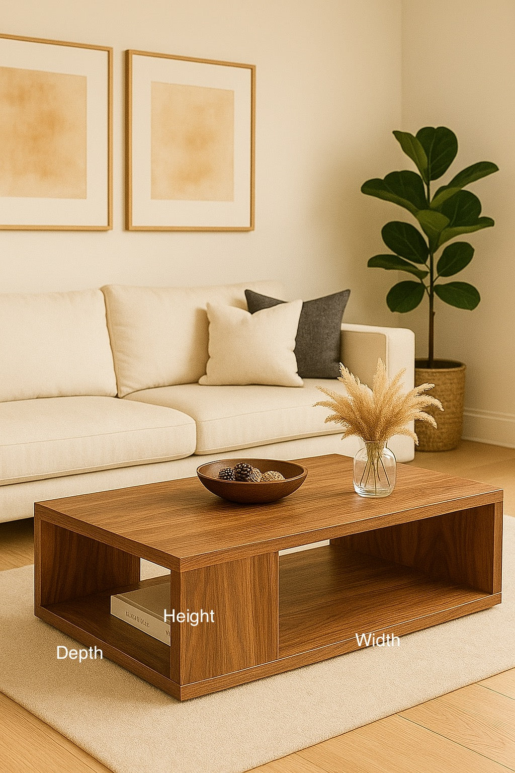 Wooden coffee table with decorative items in a living room setting