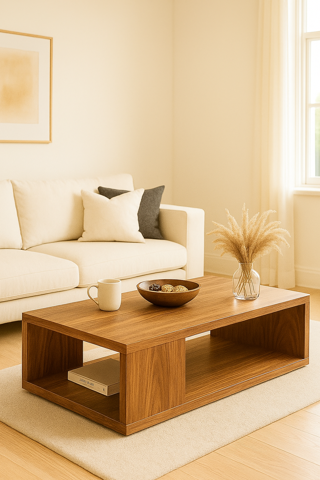 Wooden coffee table with decorative items in a living room setting