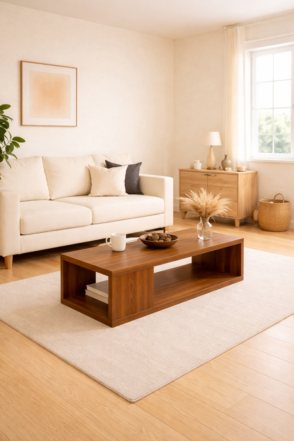 Living room with a white sofa, wooden coffee table, and decor items.