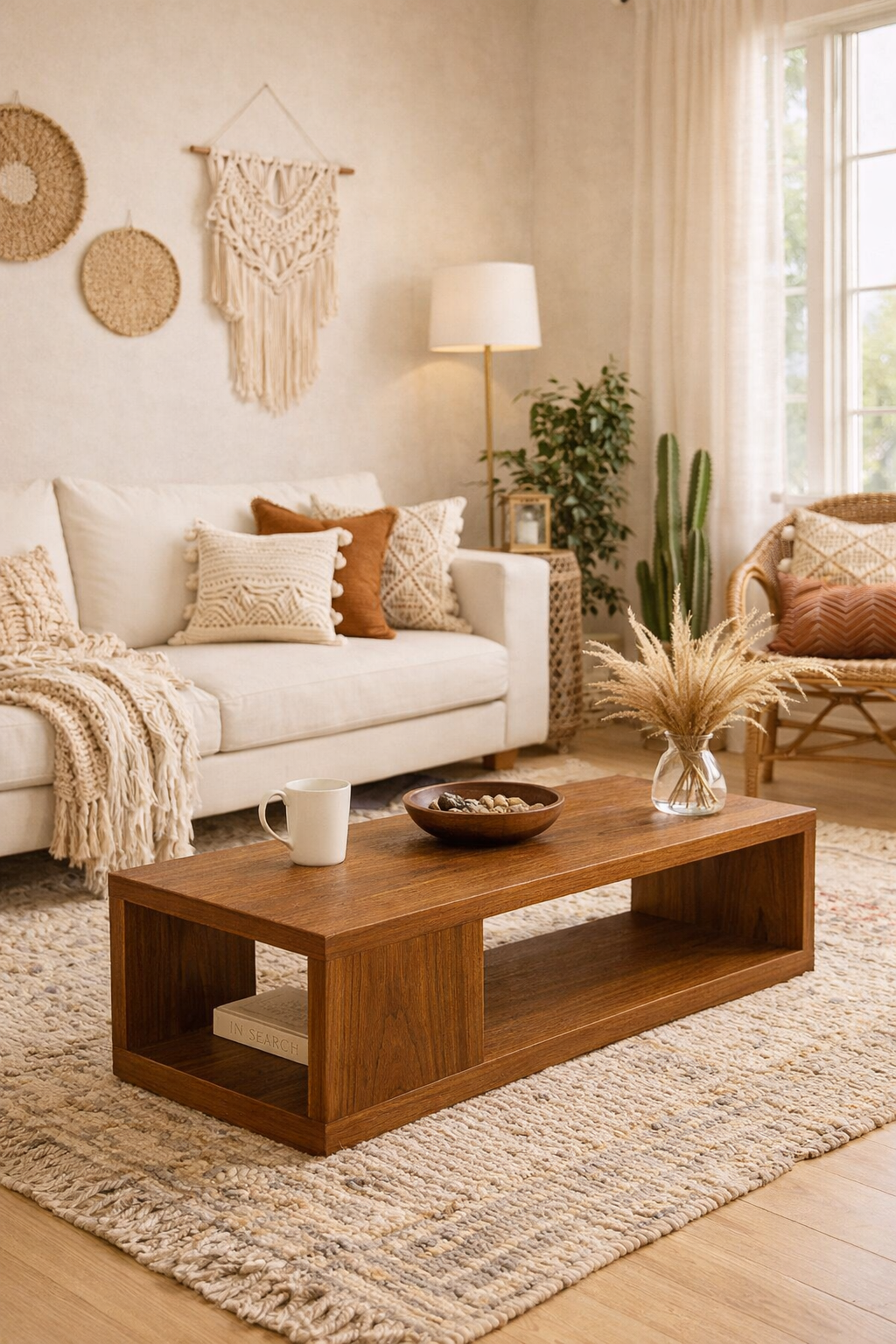 Cozy living room with a wooden coffee table, white sofa, and decorative elements.