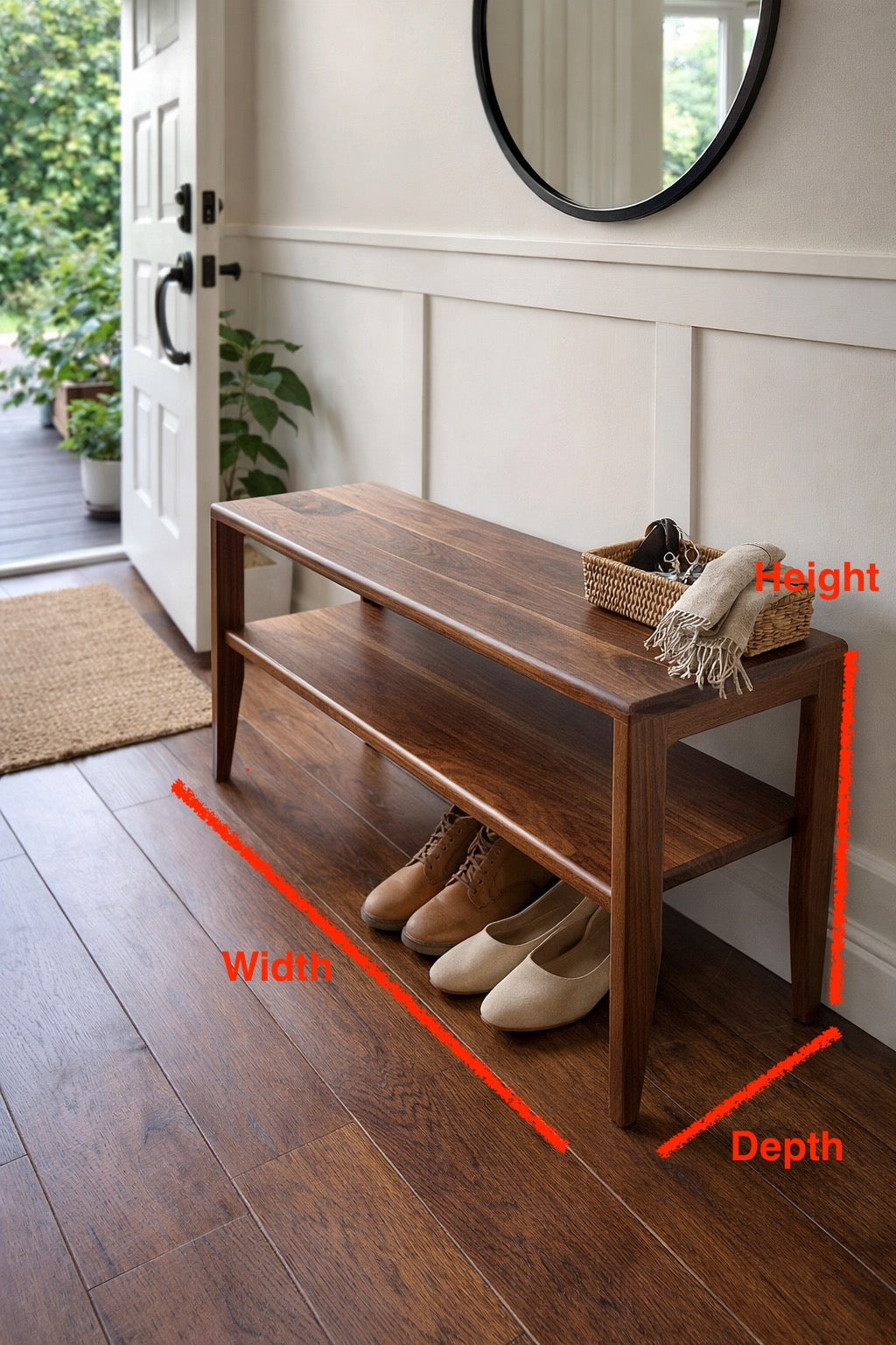 Wooden bench in a hallway with measurements labeled on a wooden floor.