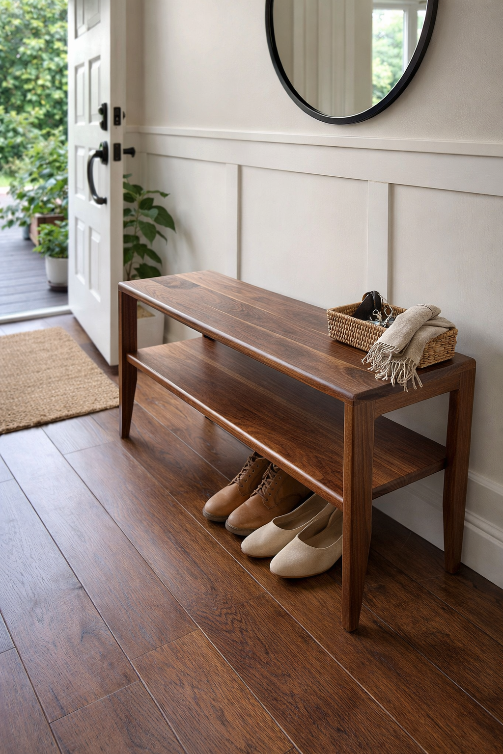 Wooden bench in a hallway with shoes and a basket on it, next to a round mirror.
