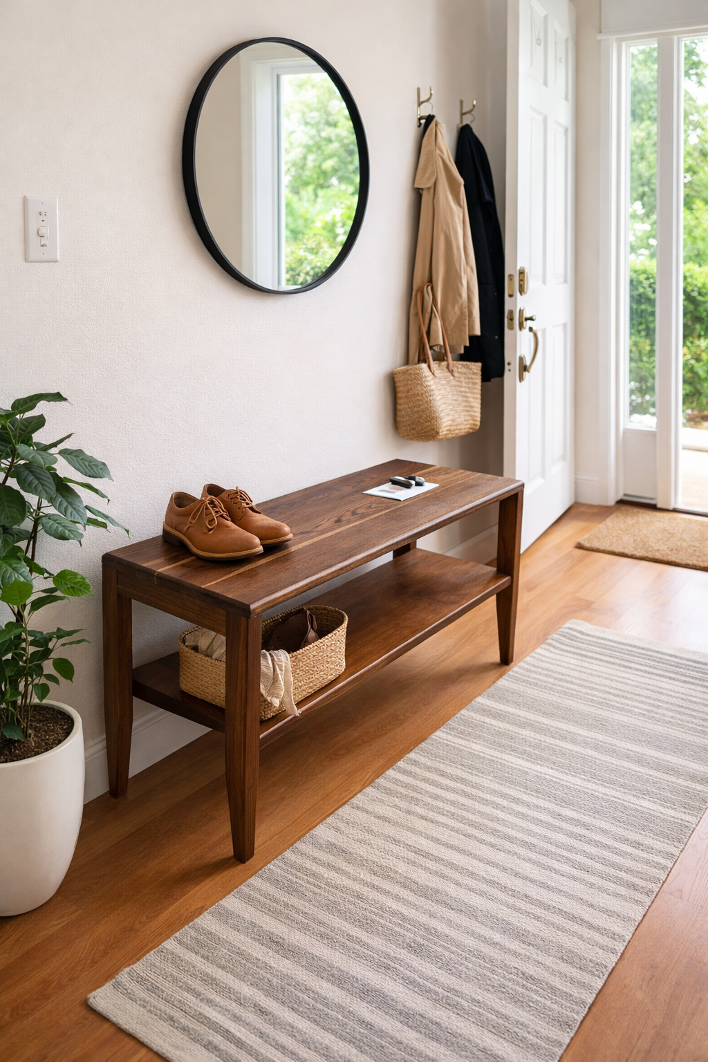 Wooden bench in a home entryway with shoes, a basket, and a mirror.