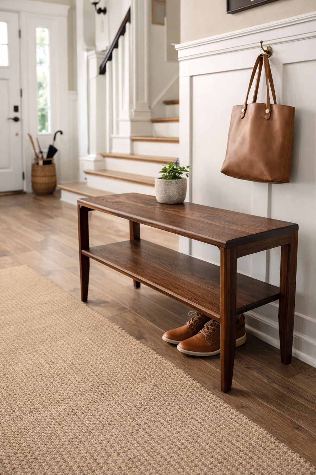 Wooden bench in a home entryway with shoes, a bag, and a plant.