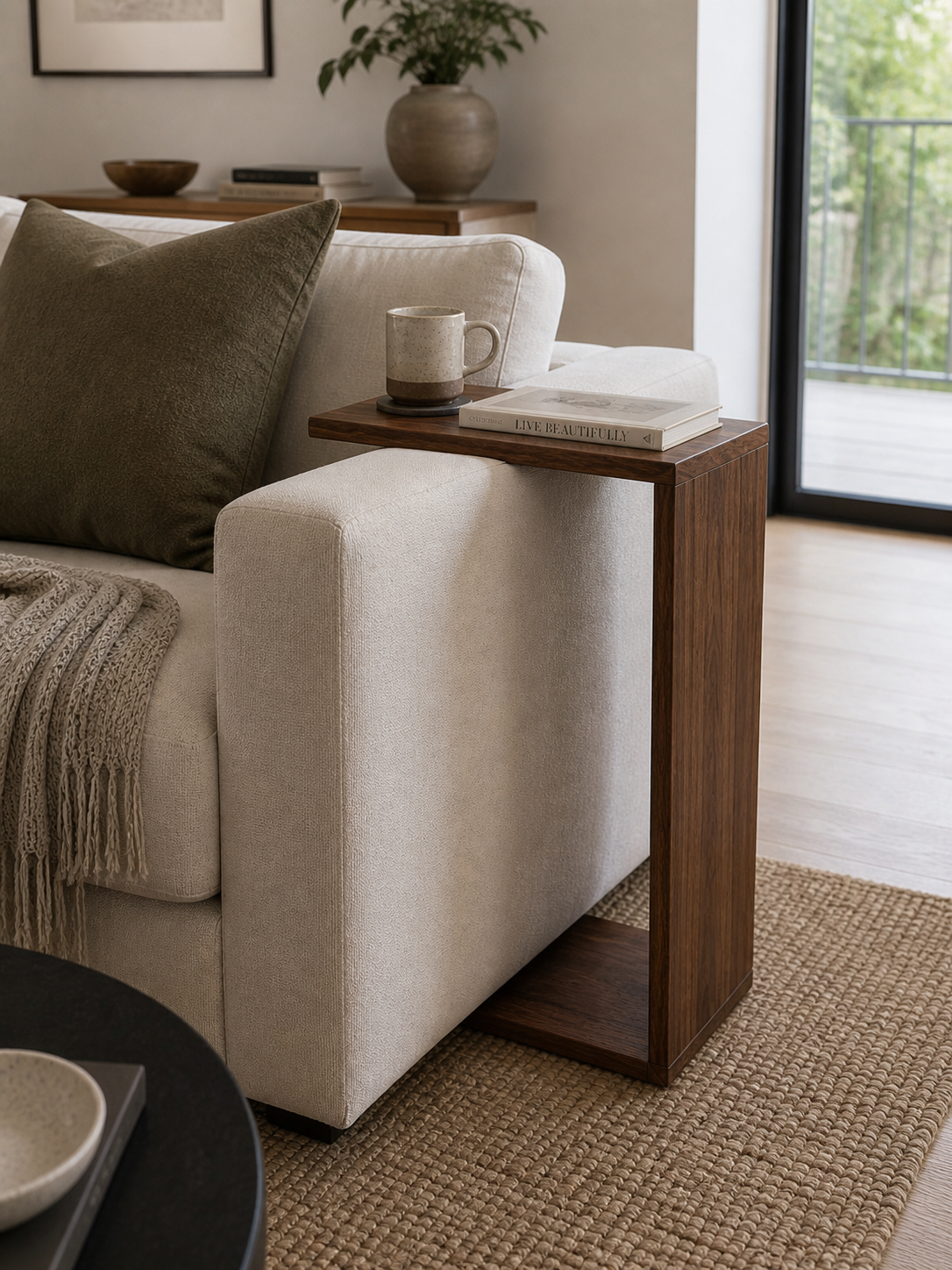 Black walnut C-Shaped Side Handmade Table – Solid wood Sofa Table, Minimalist End Table for Living Room or Bedside, Narrow table